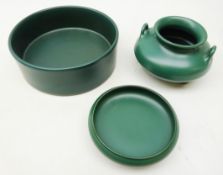 Three pieces of Chinese green tea dust glazed ceramics comprising a two handled censer,