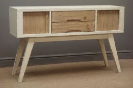 Rustic wood and painted sideboard, two centre drawers and two tambour roll cupboards,