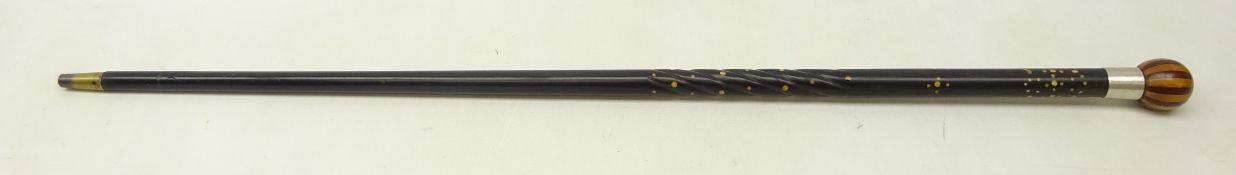 Ebony walking cane with part carved spiral shaft and inlaid decoration with globular alternate