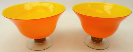 Pair hand blown orange and yellow glass pedestal bowls,