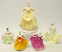 Three Royal Doulton figures designed by Peggy Davis and two Coalport figures 'Encore' and Ladies of