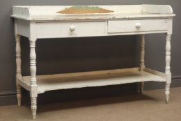 Victorian painted pine washstand, raised back, two drawers, turned supports joined by an under tier,