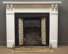 Edwardian cast iron fire inset with tiled sides, white finish surround, projecting cornice,