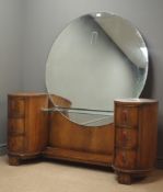 Art Deco walnut dressing table with large circular mirror above glazed shelf,