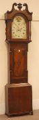 19th century oak and mahogany banded longcase clock, hood with swan neck pediment,