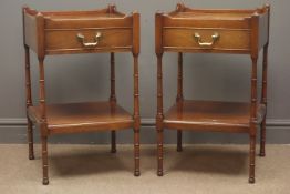 Pair Georgian style mahogany bedside/lamp tables, raised sides, single drawers,