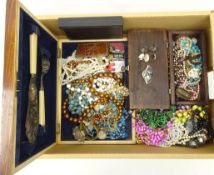 Collection of costume jewellery including beaded necklaces, wristwatches, brooches etc, coins,