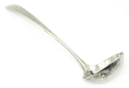 Georgian Scottish silver ladle engraved 'Thus Far' with cupid's arrow by Robert Wilson Edinburgh