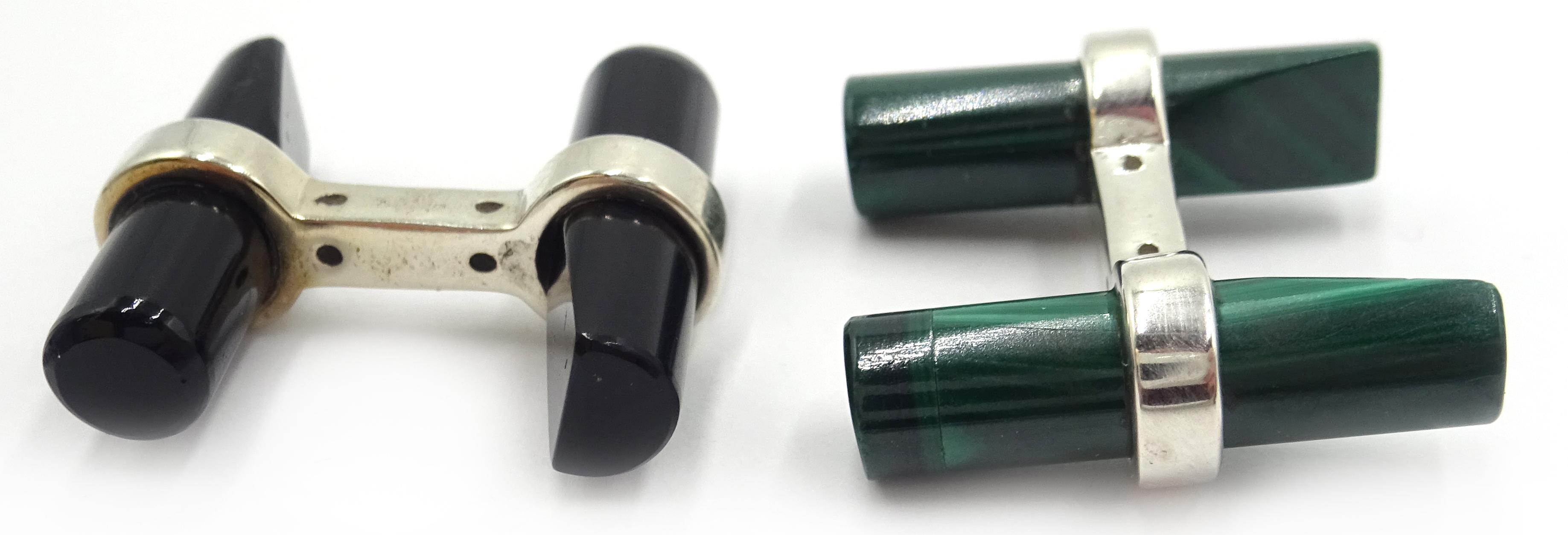 Pair of silver onyx and malachite cufflinks, - Image 2 of 2