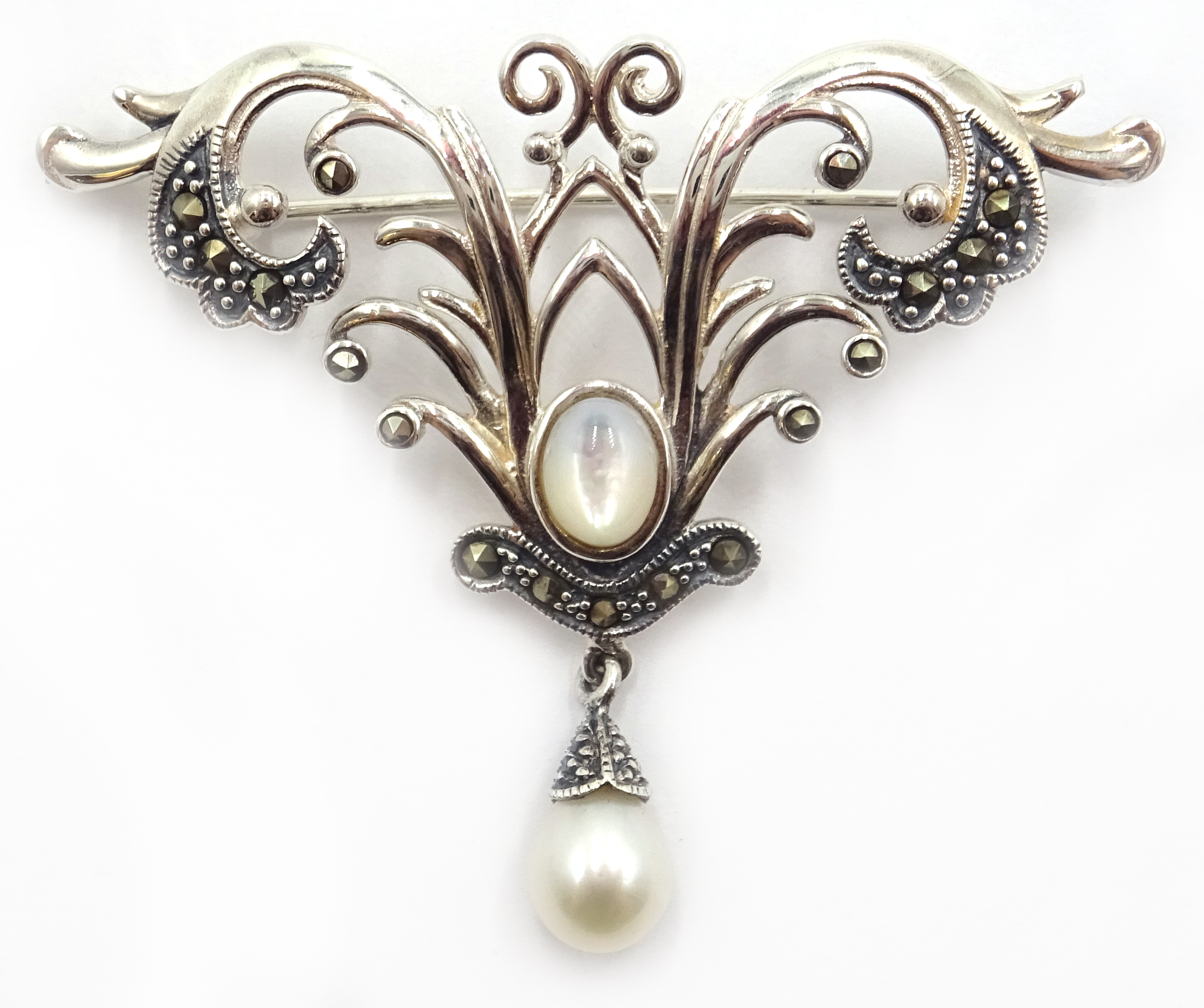 Silver pearl and marcasite brooch,