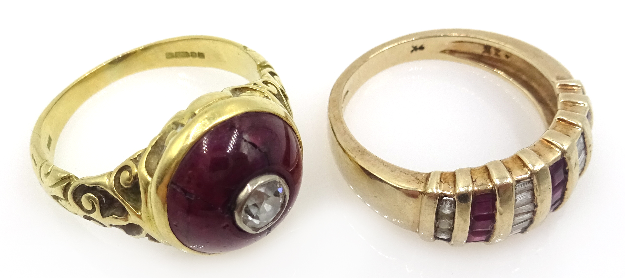 18ct gold amethyst and diamond shield ring and a 9ct gold ruby and diamond baguette ring, - Image 2 of 3
