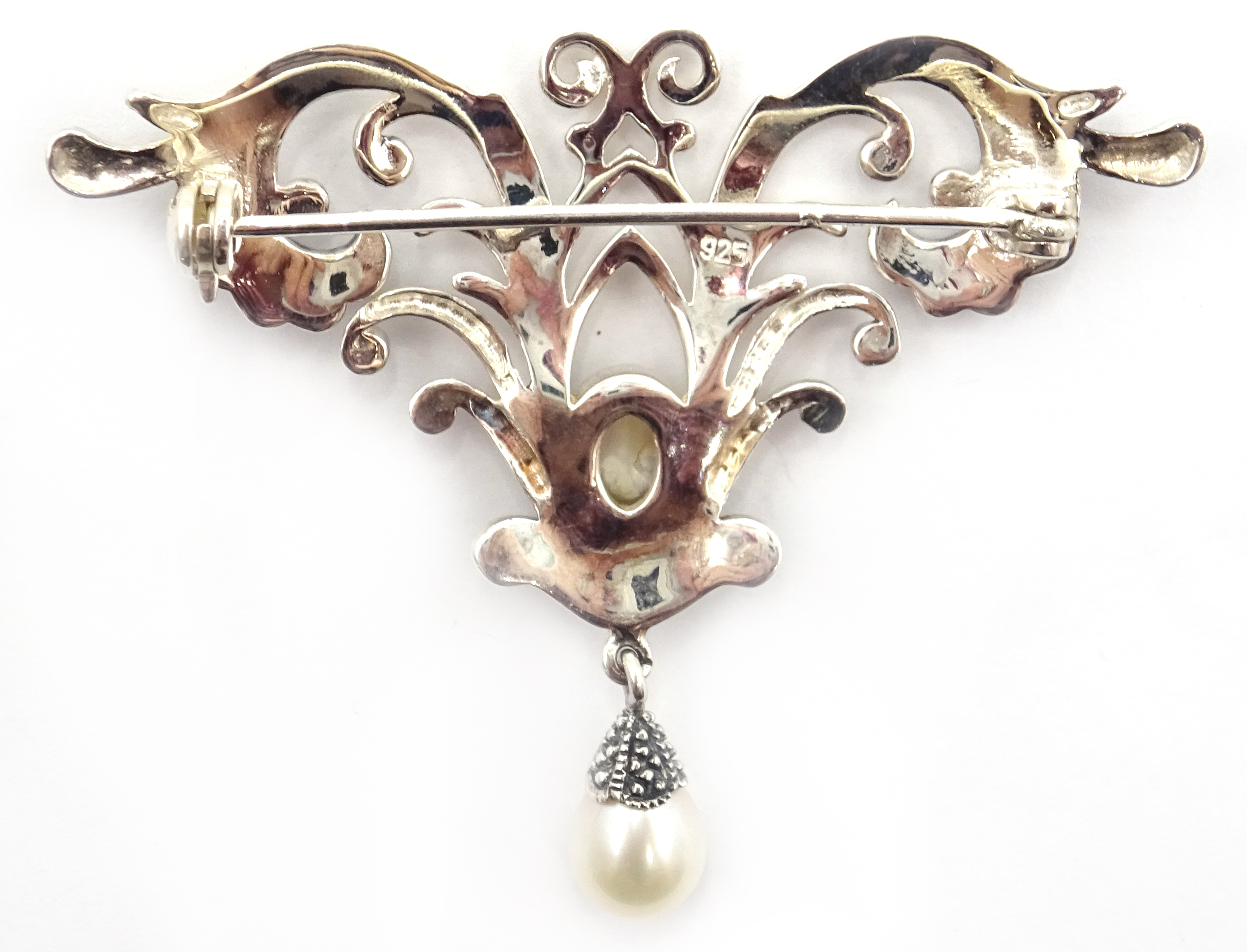 Silver pearl and marcasite brooch, - Image 2 of 3