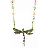 Silver peridot, pearl, marcasite and enamel dragon fly necklace,