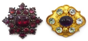 Early Victorian gold cabochon garnet and chrysoberyl mourning brooch and a garnet star brooch