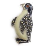 Silver enamel and marcasite penguin brooch,