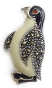 Silver enamel and marcasite penguin brooch,