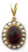 Early Victorian gold cabochon garnet, split pearl and diamond set mourning pendant, 2.