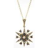 9ct gold sapphire and seed pearl star shaped pendant necklace hallmarked 9ct Condition