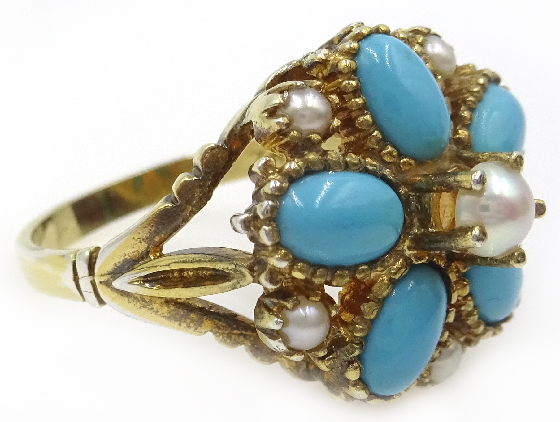 Silver-gilt turquoise and pearl ring,
