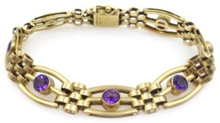 9ct gold amethyst set gold chain link bracelet,