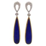 Pair of 9ct gold lapis lazuli and diamond pendant ear-rings,