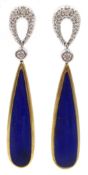 Pair of 9ct gold lapis lazuli and diamond pendant ear-rings,