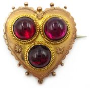 Victorian 9ct gold triple cabochon garnet heart shaped brooch hallmarked 3cm