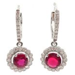 18ct white gold round ruby and diamond cluster pendant ear-rings,