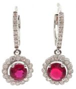 18ct white gold round ruby and diamond cluster pendant ear-rings,