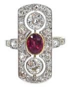 18ct gold and platinum (tested) ruby and old cut diamond panel ring