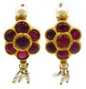 Pair of 18ct gold (tested) ruby and pearl screw back cluster ear-rings Condition Report