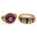 18ct gold amethyst and diamond shield ring and a 9ct gold ruby and diamond baguette ring,