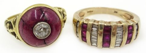 18ct gold amethyst and diamond shield ring and a 9ct gold ruby and diamond baguette ring,