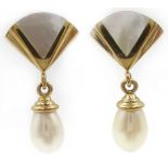 Pair of 9ct gold pearl and mother of pearl pendant ear-rings,