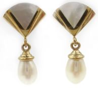 Pair of 9ct gold pearl and mother of pearl pendant ear-rings,