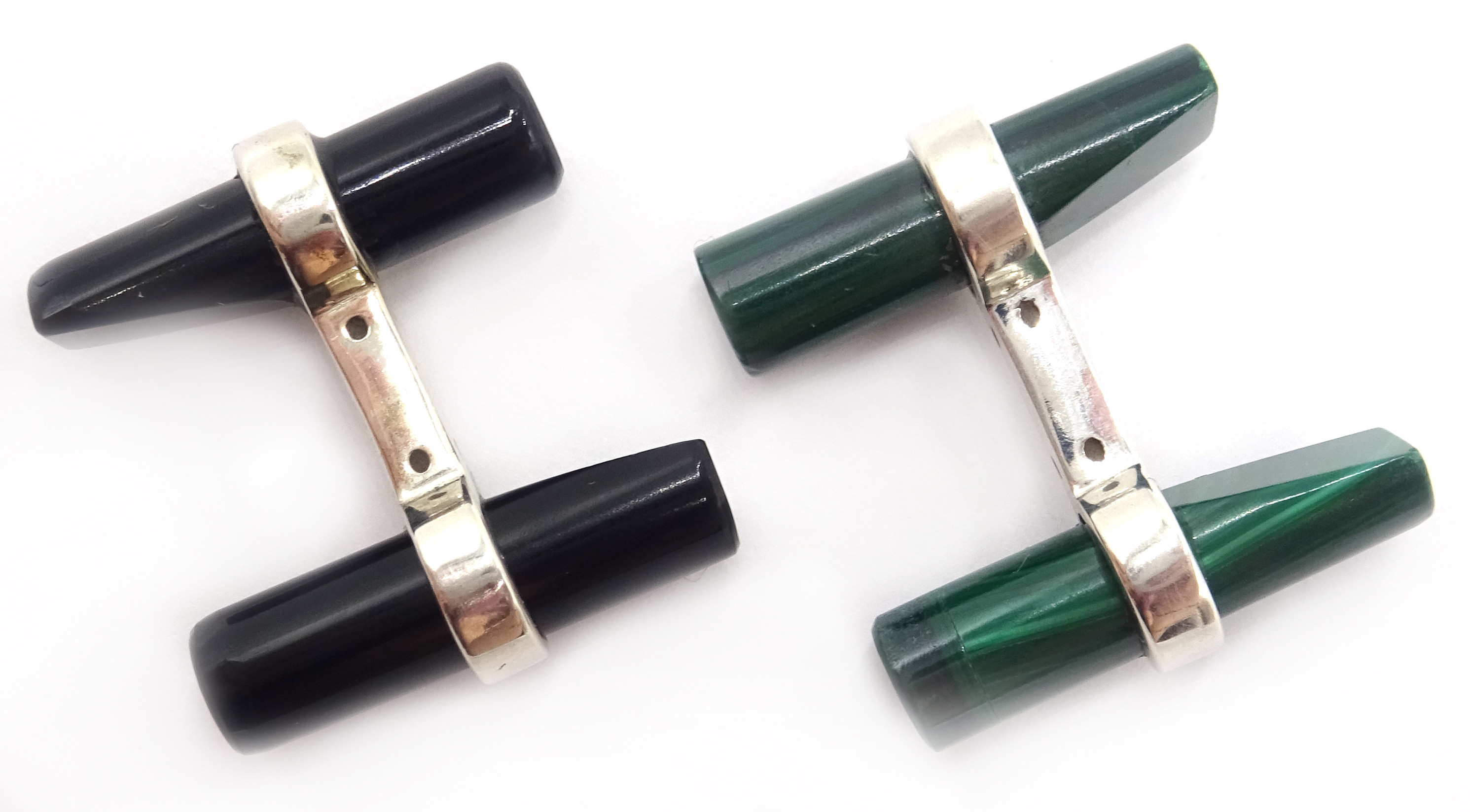 Pair of silver onyx and malachite cufflinks,