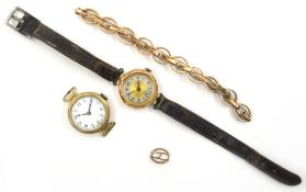 9ct gold rose gold wristwatch on leather strap and one other,