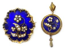 Victorian blue enamel split pearl and diamond forget-me-not brooch,