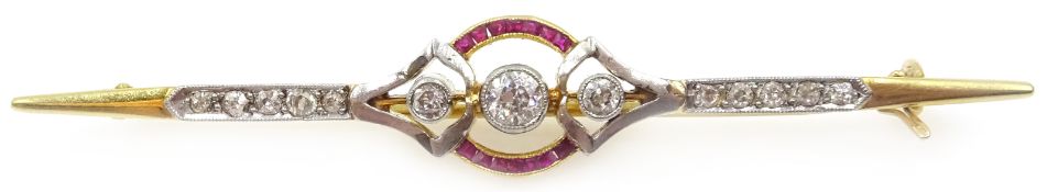 Art Deco diamond and ruby 15ct gold (tested) bar brooch Condition Report Length =