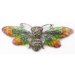 Silver plique-a-jour, marcasite and enamel insect brooch,