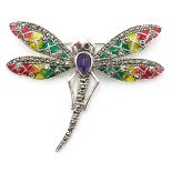 Silver plique-a-jour, marcasite and enamel dragonfly brooch,