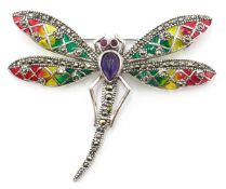 Silver plique-a-jour, marcasite and enamel dragonfly brooch,