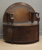 Early 20th century medium oak demi-lune monks bench, hinged box seat,