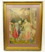 Woolwork tapestry picture of figures in a village, within a gilt frame,