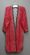 Turkoman/ Afghan robe, striped ground and silk woven embroidered trim, geometric lining,