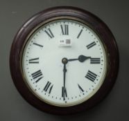 Reproduction circular mahogany cased wall clock, single fusee movement,