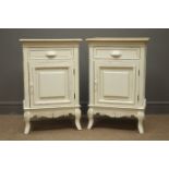 Pair French style painted bedside chests, single drawer above cupboard door, shaped apron,
