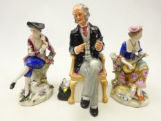 Pair early 20th century Continental Chelsea style Musicians and a Royal Doulton figure 'The Doctor'