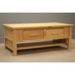Light oak coffee table with two push through drawers, stile supports joined by an undertier, W110cm,