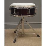 Drum Stool grey upholstered top and burgandy body with chrome fittings and folding tripod stand,